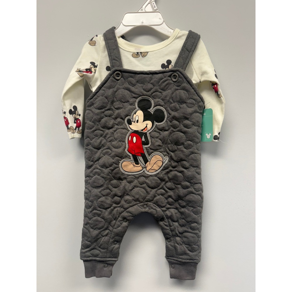 Disney Baby Mickey Mouse Quilted Overalls and Bodysuit Set Gray White 0-3M NEW